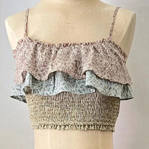 Storia Color Block Smocked Tiered Top Olive Multi Spaghetti Straps Cottagecore